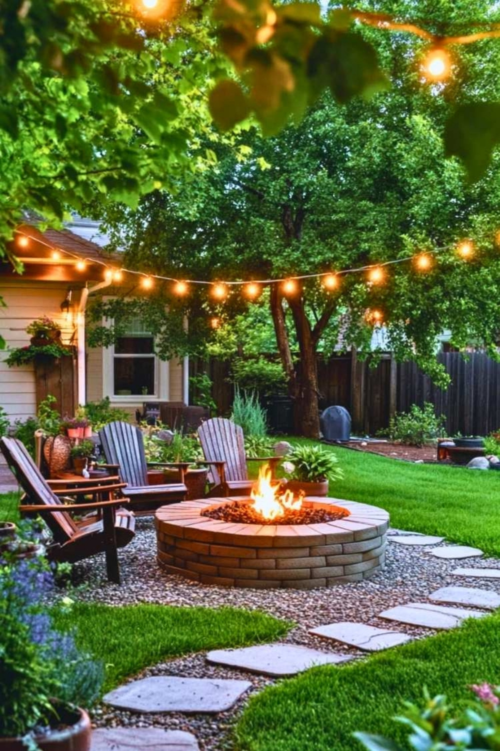 Round Brick Fire Pit with Gravel Patio, Adirondack Chairs, and Garden Landscaping with Outdoor Lights