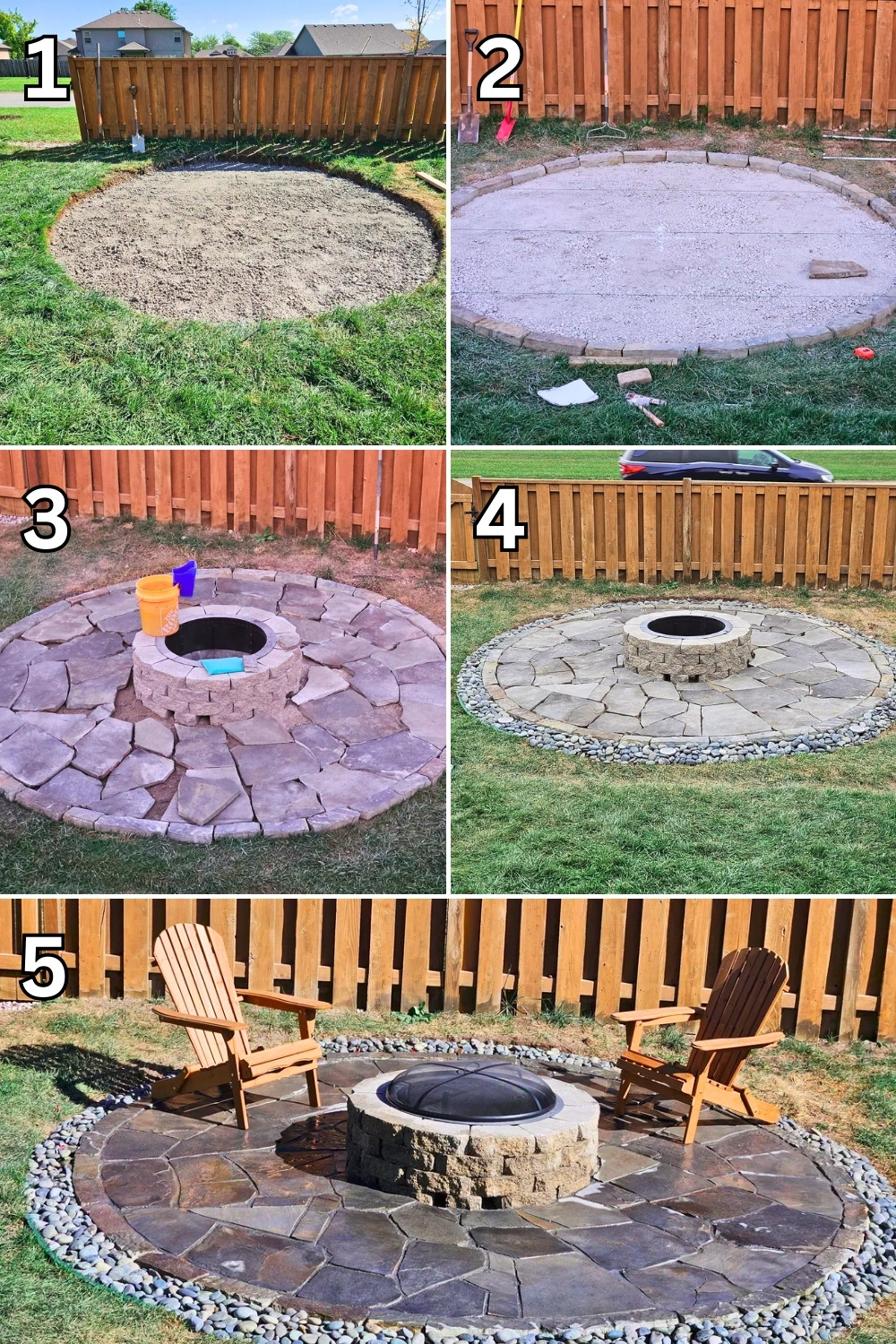 Round Flagstone Patio Fire Pit With Pebble Edging And Smokeless Ring—DIY Near Fence