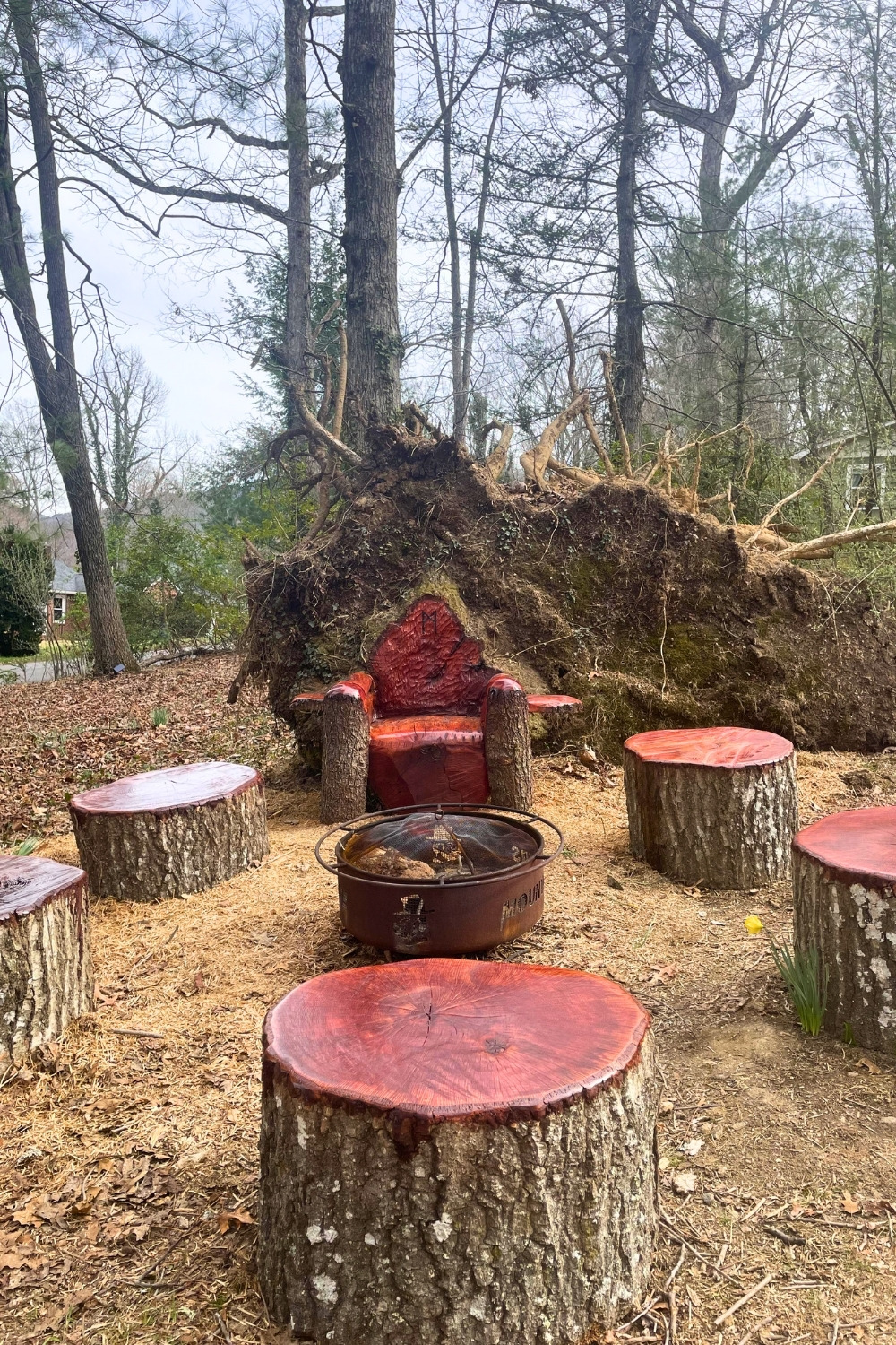 Rustic Stump Throne and Log Seating Around Movable Metal Fire Pit