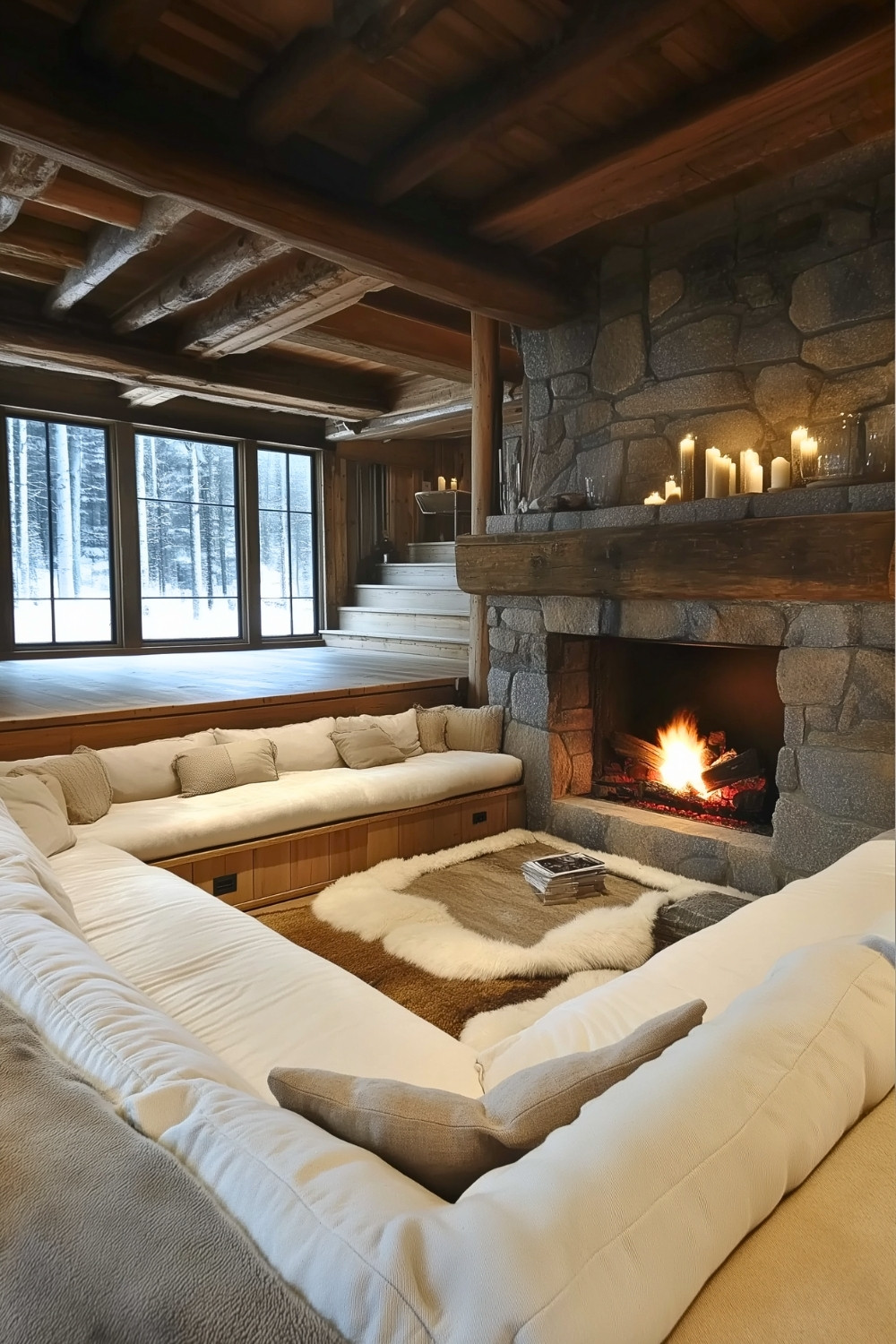 Rustic Winter Sunken Lounge With Stone Fireplace And Cream Seating
