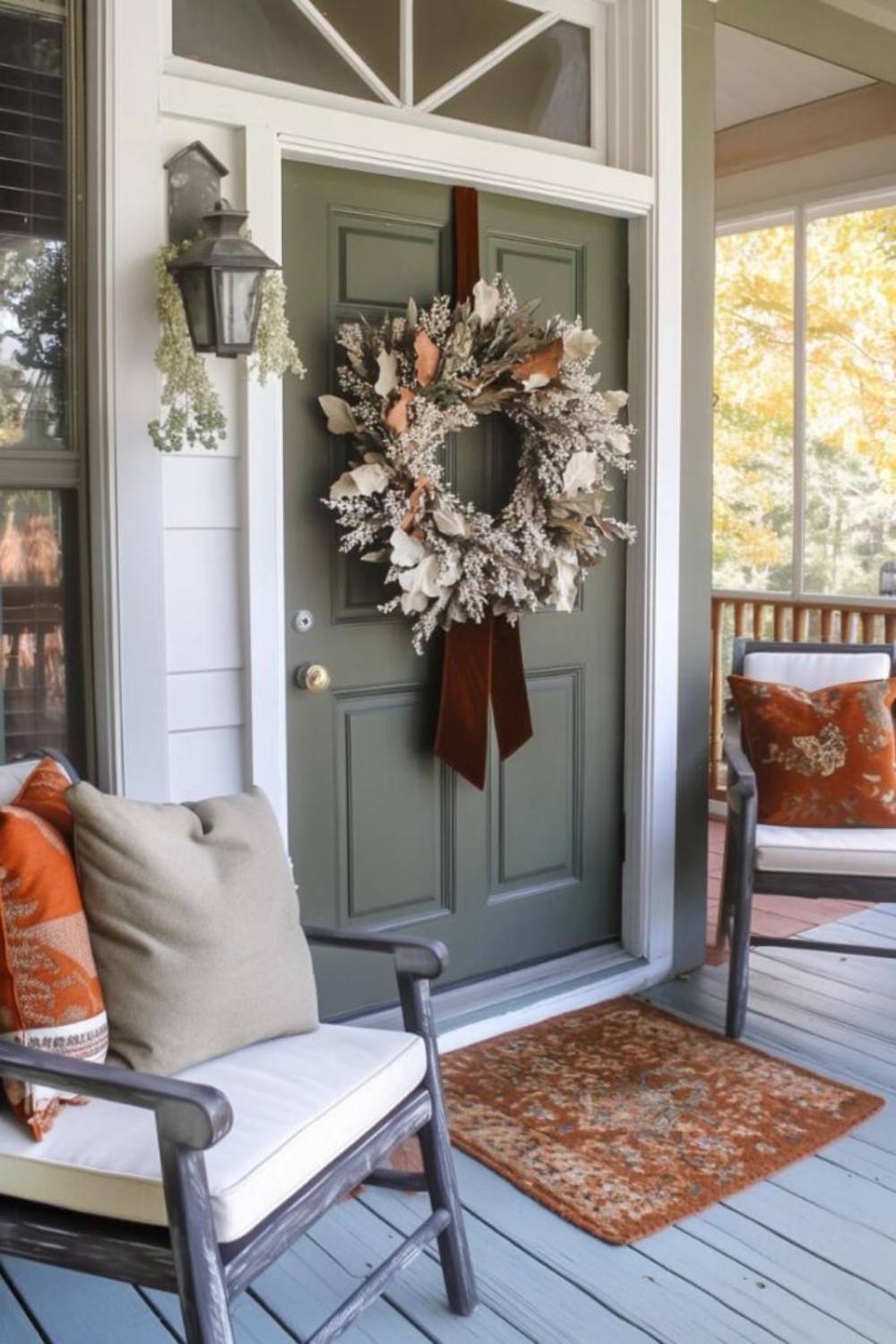 Subtle Sage Green Boho Entry With Neutral Fall Wreath and Velvet Bow