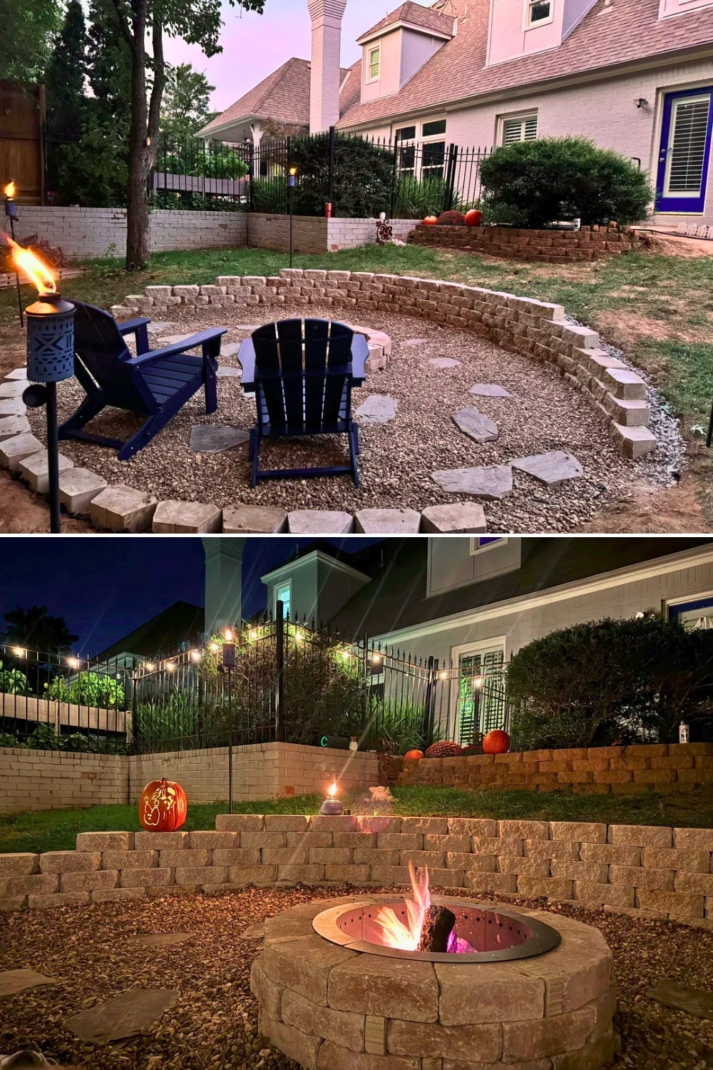 Sunken Gravel Fire Pit With Retaining Walls and String Lights