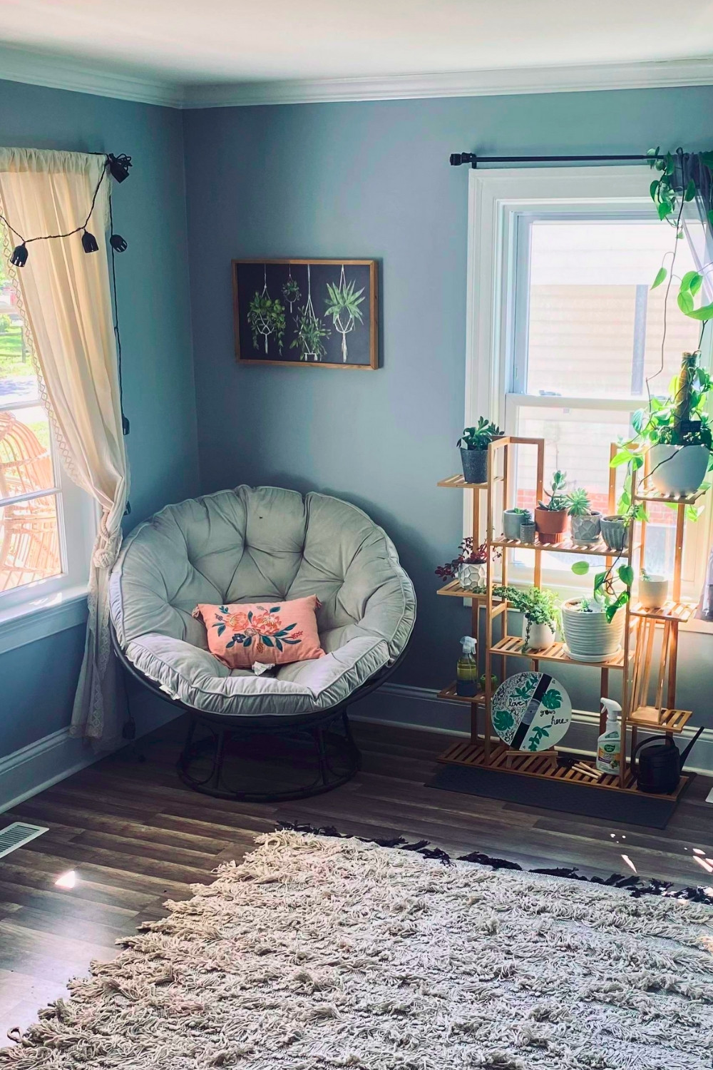Sunlit Small Reading Corner with Plants and Papasan Chair
