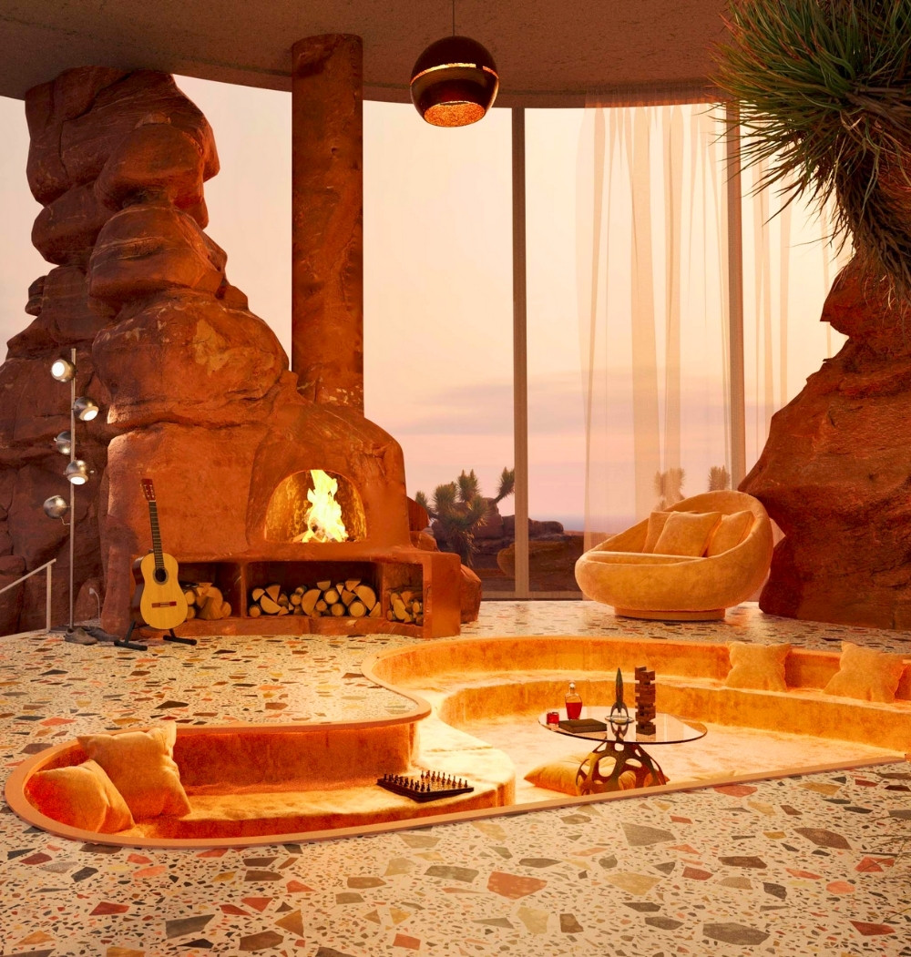 Terracotta rock-inspired sunken pit with fire and sunset