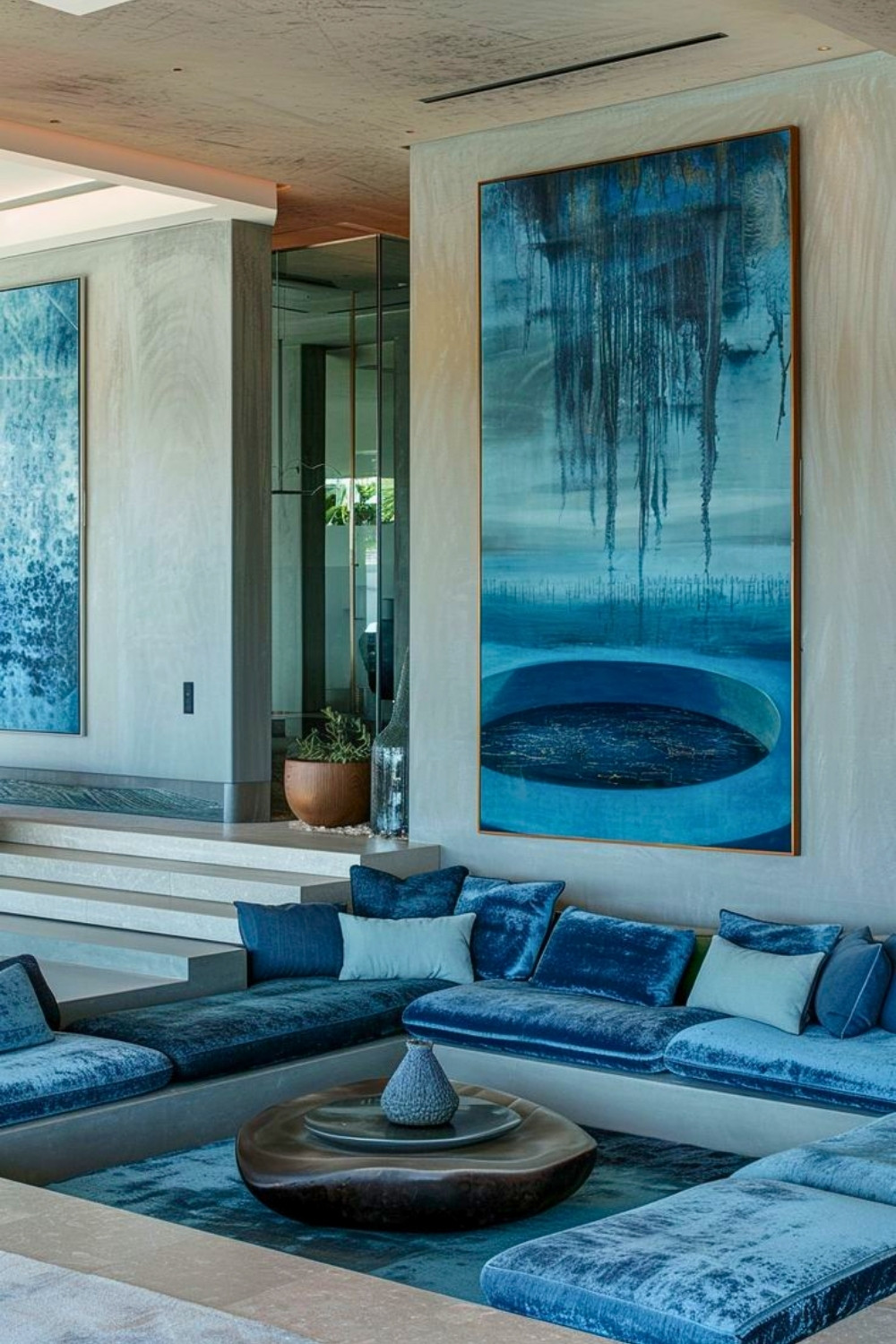 Velvet Blue Sunken Couch Area Framed by Abstract Art and Neutral Walls