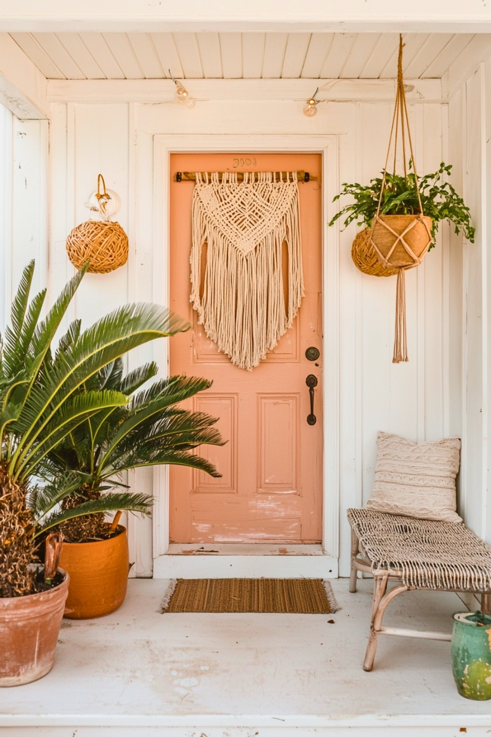 Warm Boho Chic Entry With Peach Door, Macrame Hanger, and Earthy Decor