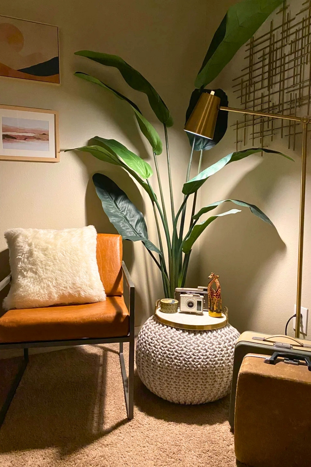 Warm & Stylish Small Bedroom Corner with DIY Chair and Faux Plant