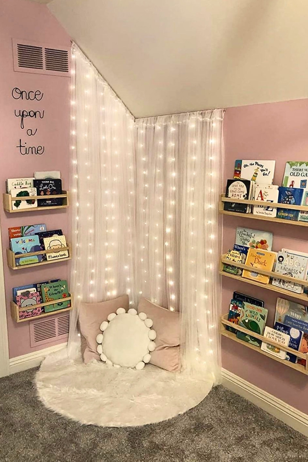 Whimsical Kids Book Nook With Lights and Shelves