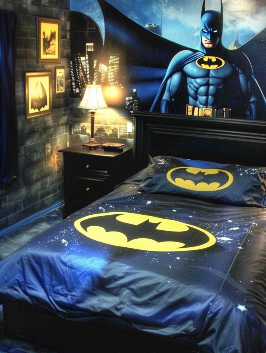 a batman bedroom with blue theme