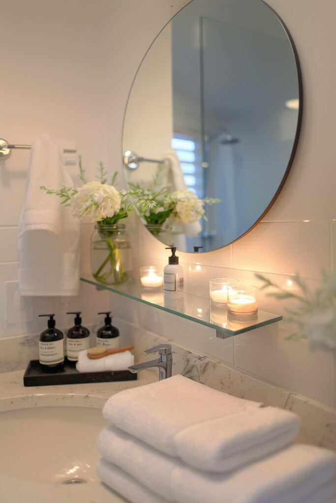 a glass shelf under a mirror in bathroom