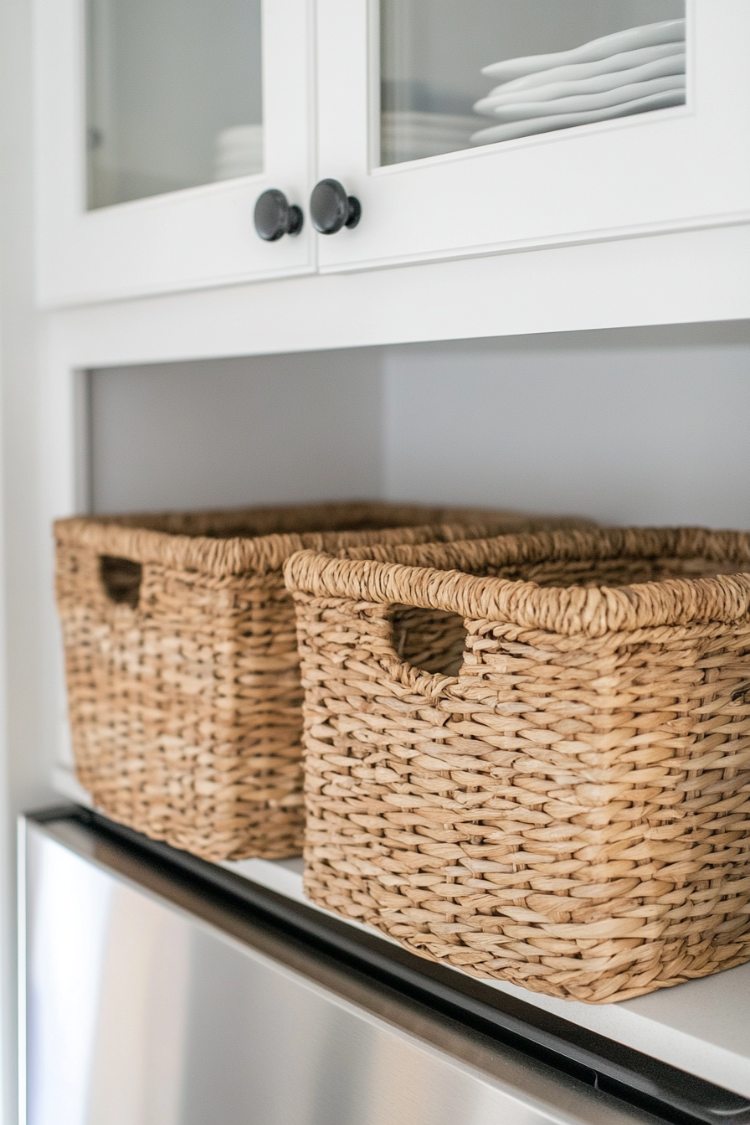 baskets on top of the fridge