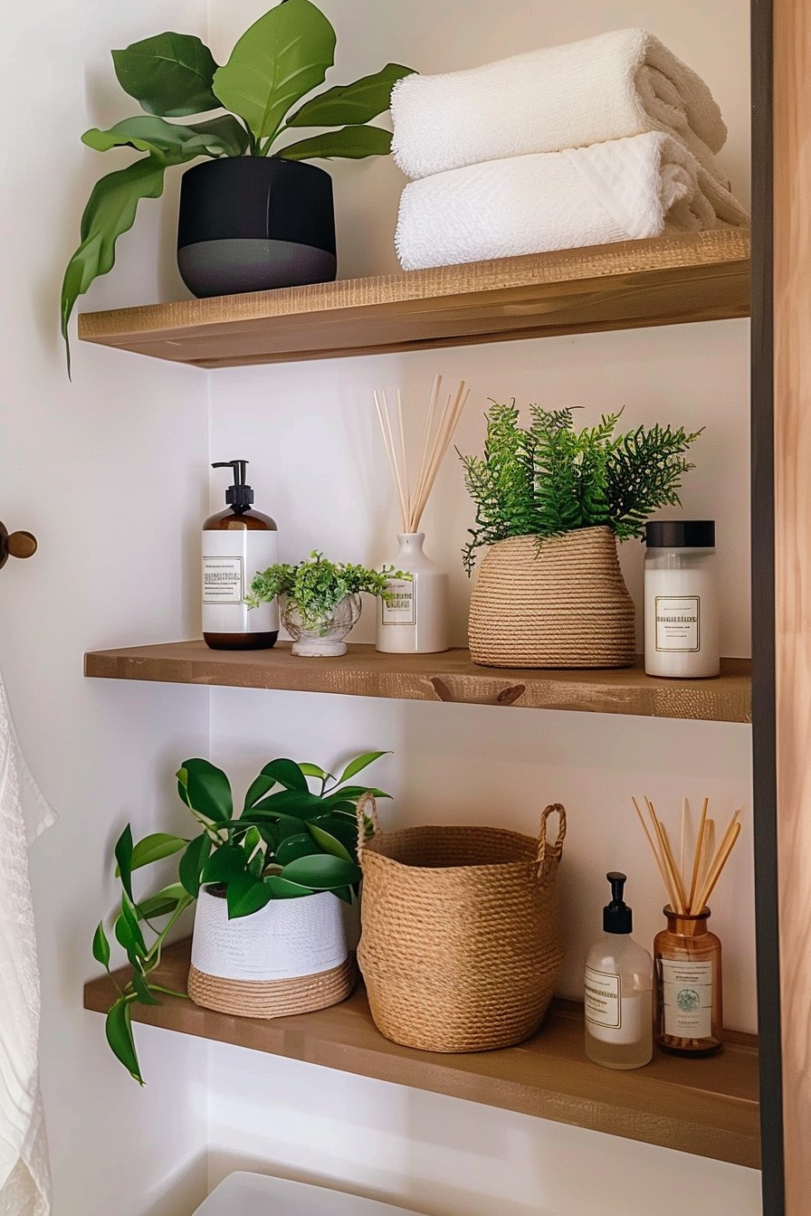 bathroom shelves with plants