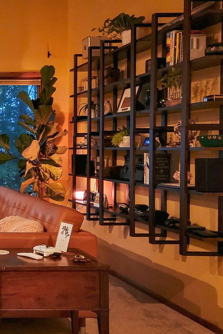 bookcase above a couch
