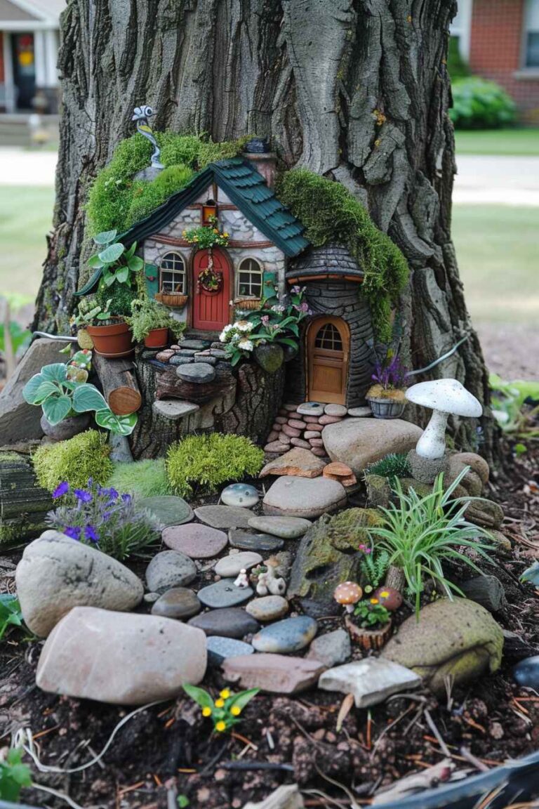Tree Fiary 40+ Enchanting Outdoor Fairy Garden Ideas for Your Home - H.M.G
