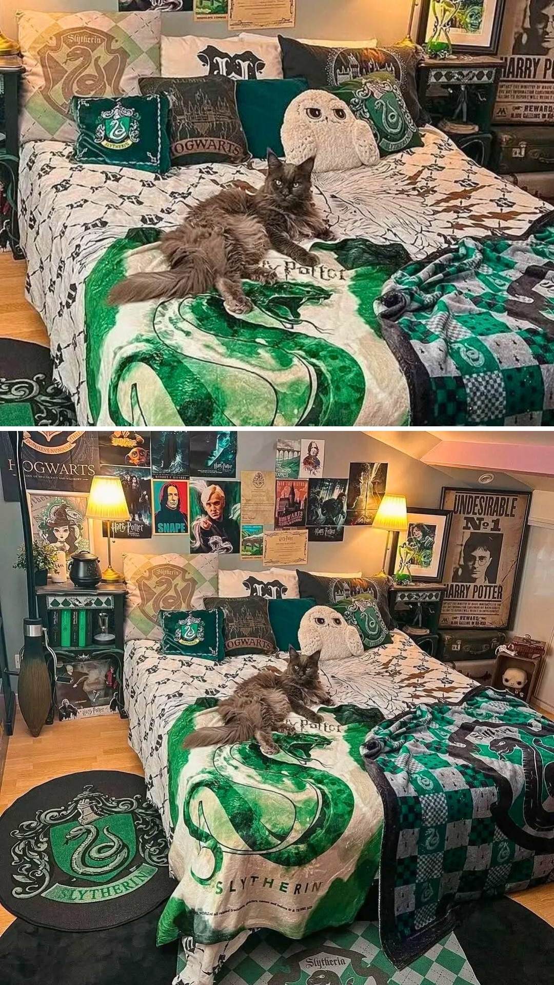 Cozy Slytherin Room with Plush Decor and Poster Wall