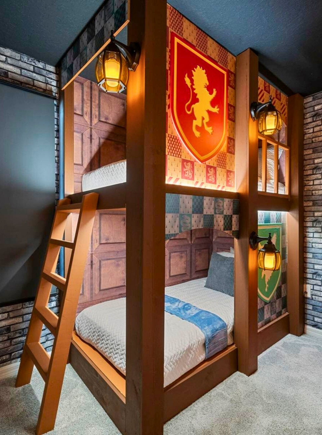 Gryffindor-Inspired Bunk Bed Room with Brick Wallpaper and House Decor