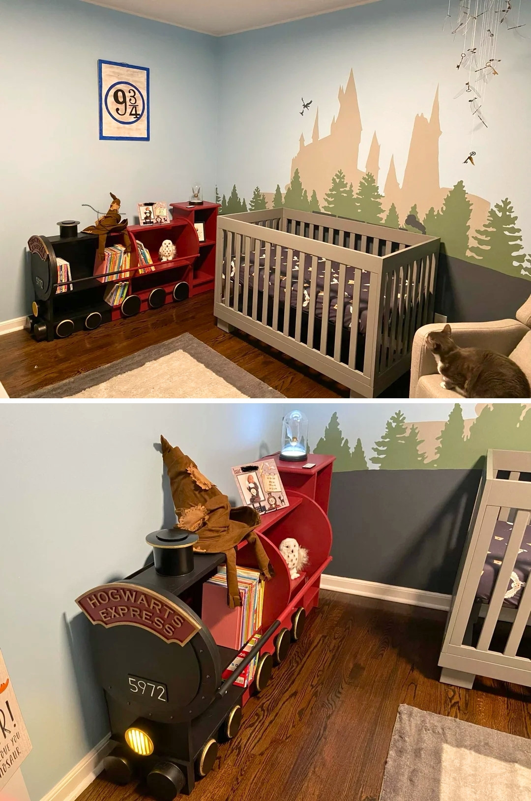 Whimsical DIY Harry Potter Nursery With Hogwarts Express Bookshelf and Mural