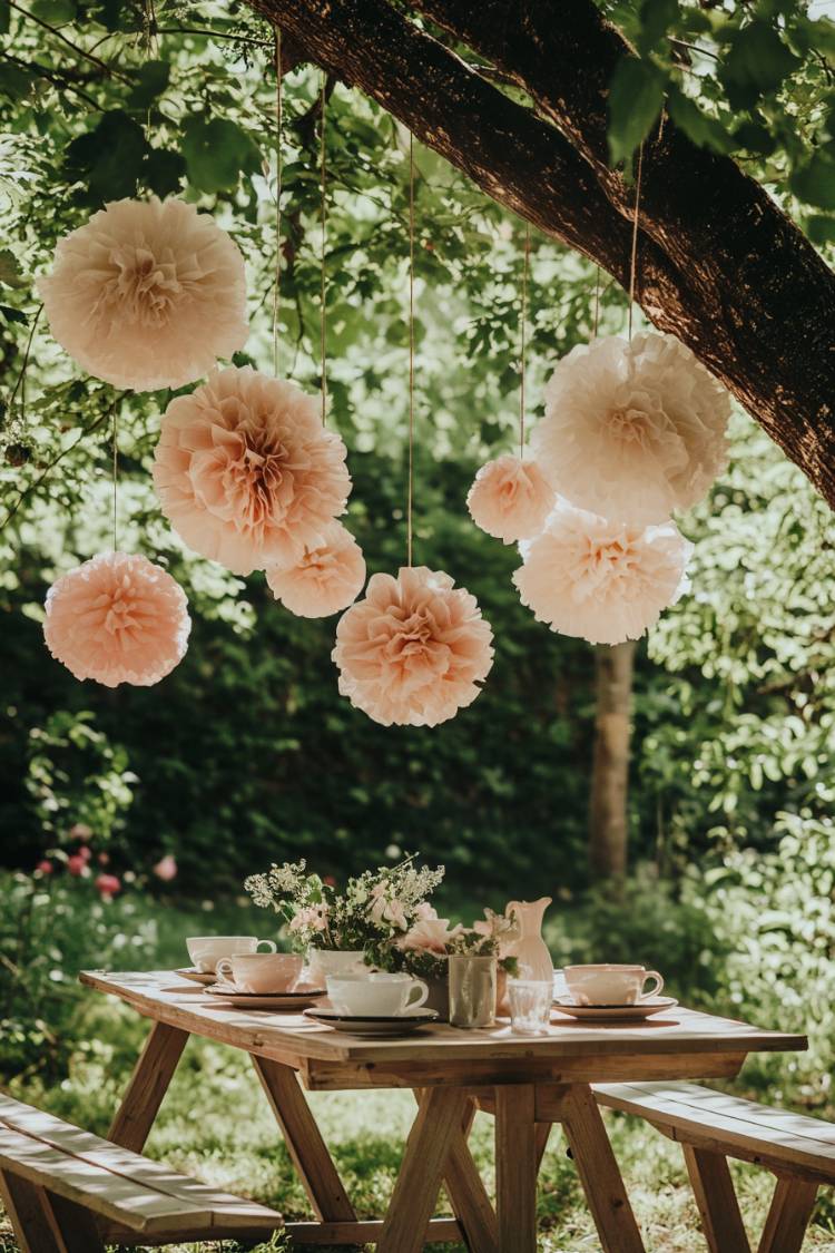 boho garden party decorations with paper pom pom