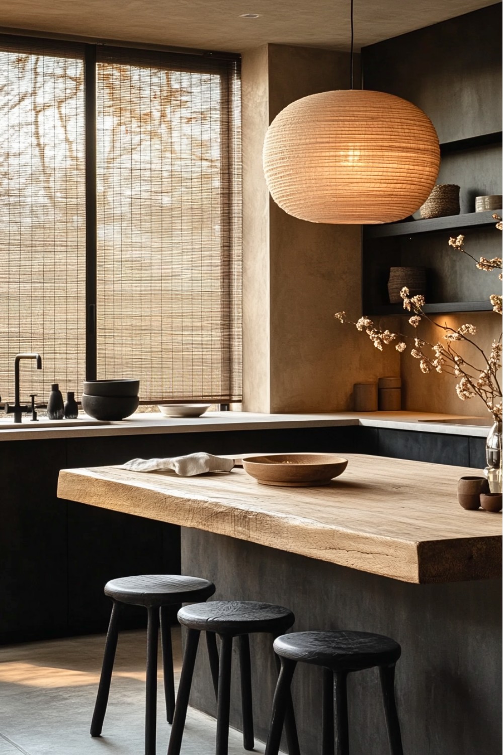 1 Black Japandi Kitchen with Minimalist Island and Wooden Countertop Design