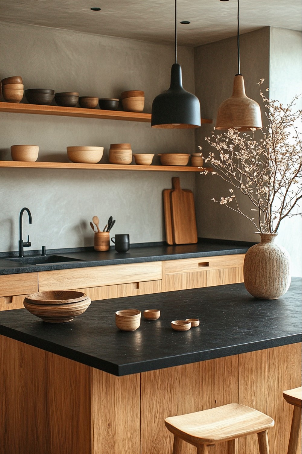 10 Japandi Open Shelving with Wooden and Ceramic Decor Accents