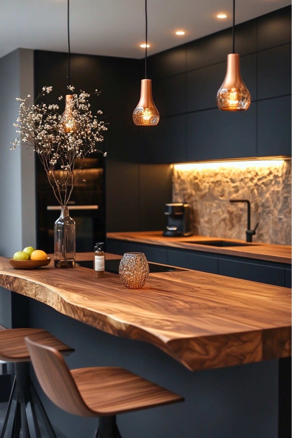 18 Japandi Kitchen Island with Warm Wood and Black Accents