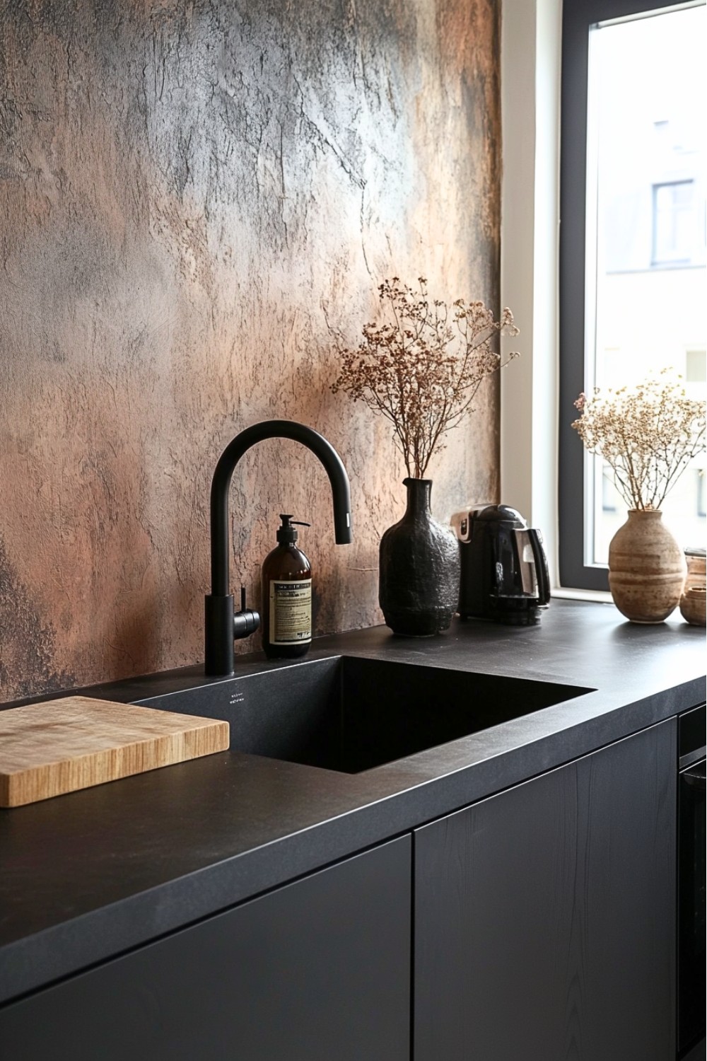 21 Japandi Style Kitchen with Black Farmhouse Sink and Minimal Accessories