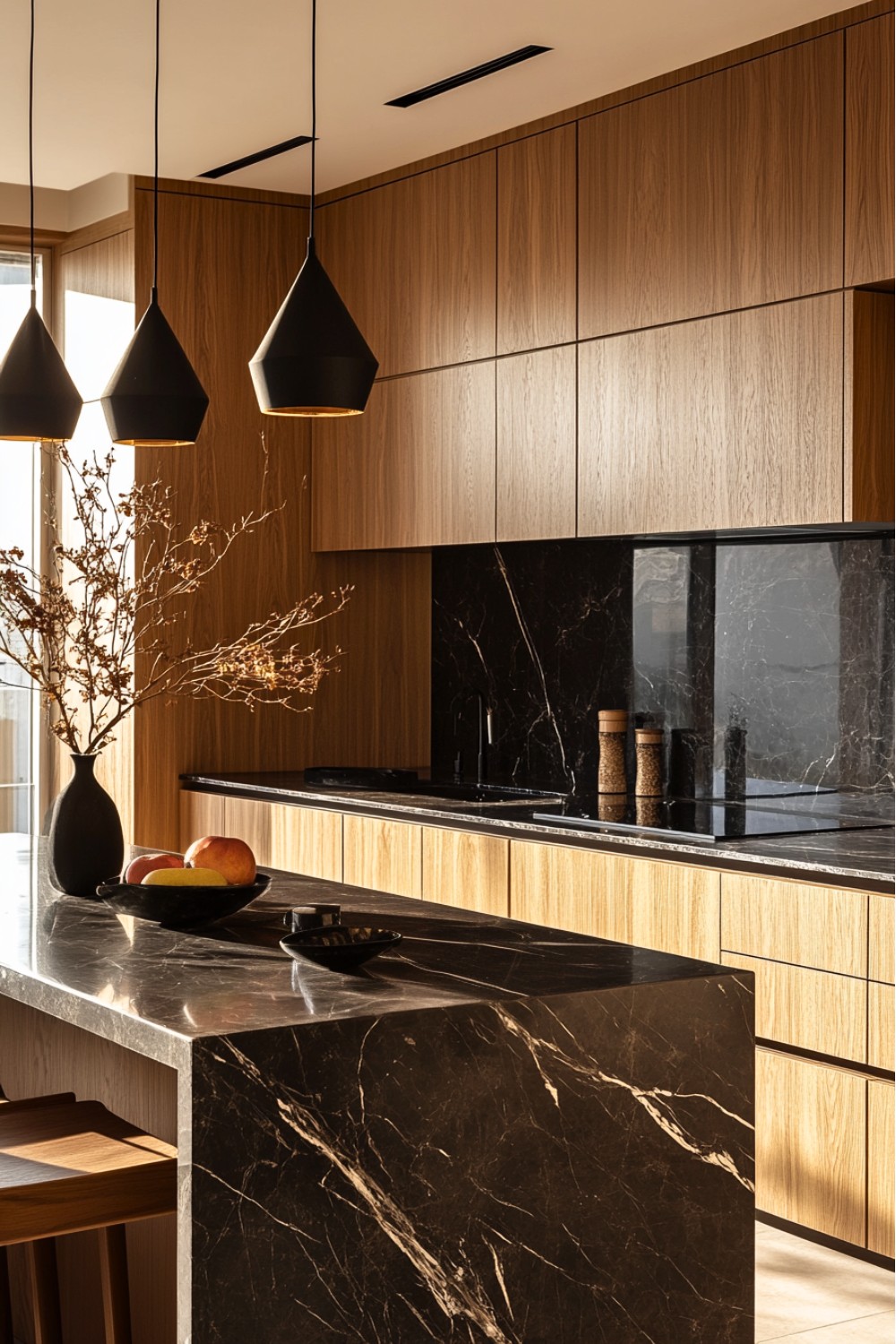 7 Luxury Japandi Kitchen with Black Marble Countertop and Pendant Lights