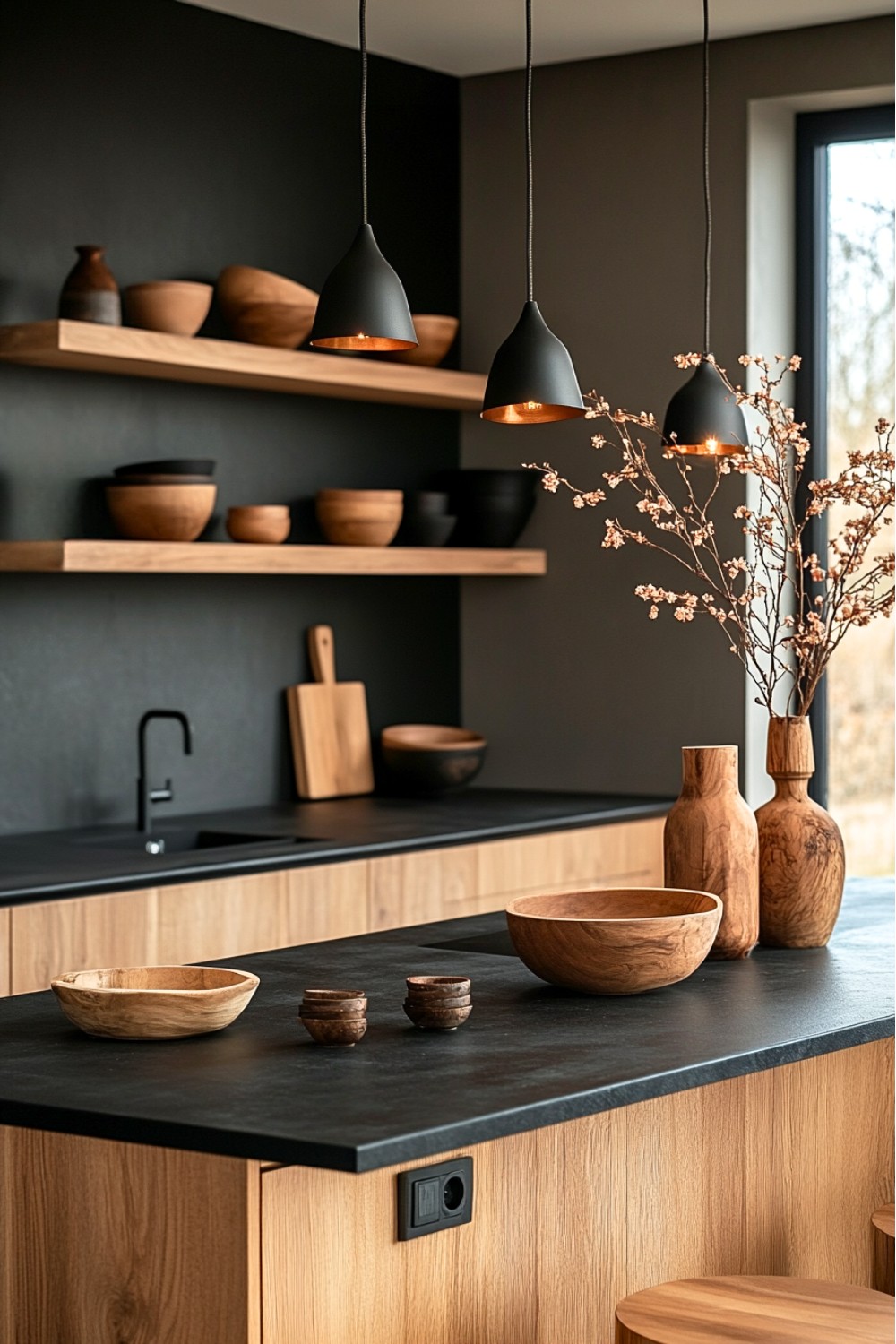 9 Japandi Kitchen with Black and Wood Elements and Elegant Pendant Lights