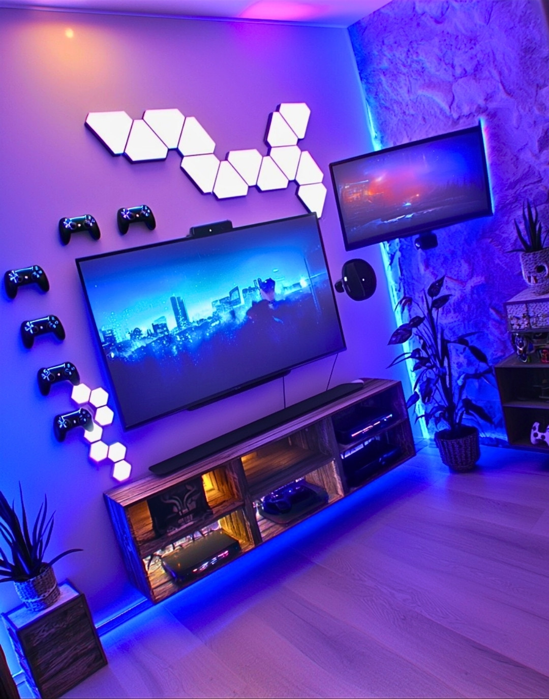 Small Adult Gaming Room with LED Wall Panels and Dual Screens