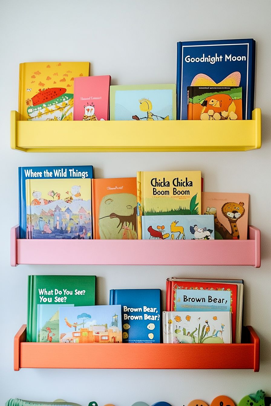 colorful bookshelves for rainbow themed nursery