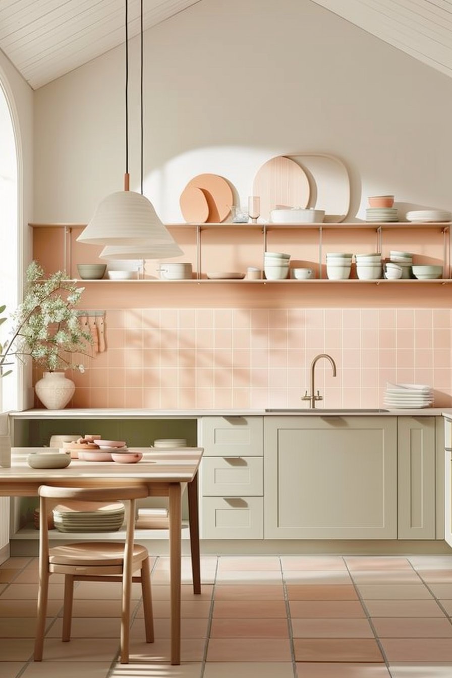 pink and green color kitchen