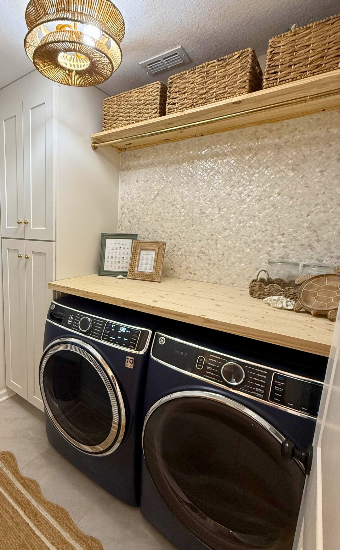 Cozy Budget Laundry Room With Wood Shelves and Tropical Touches