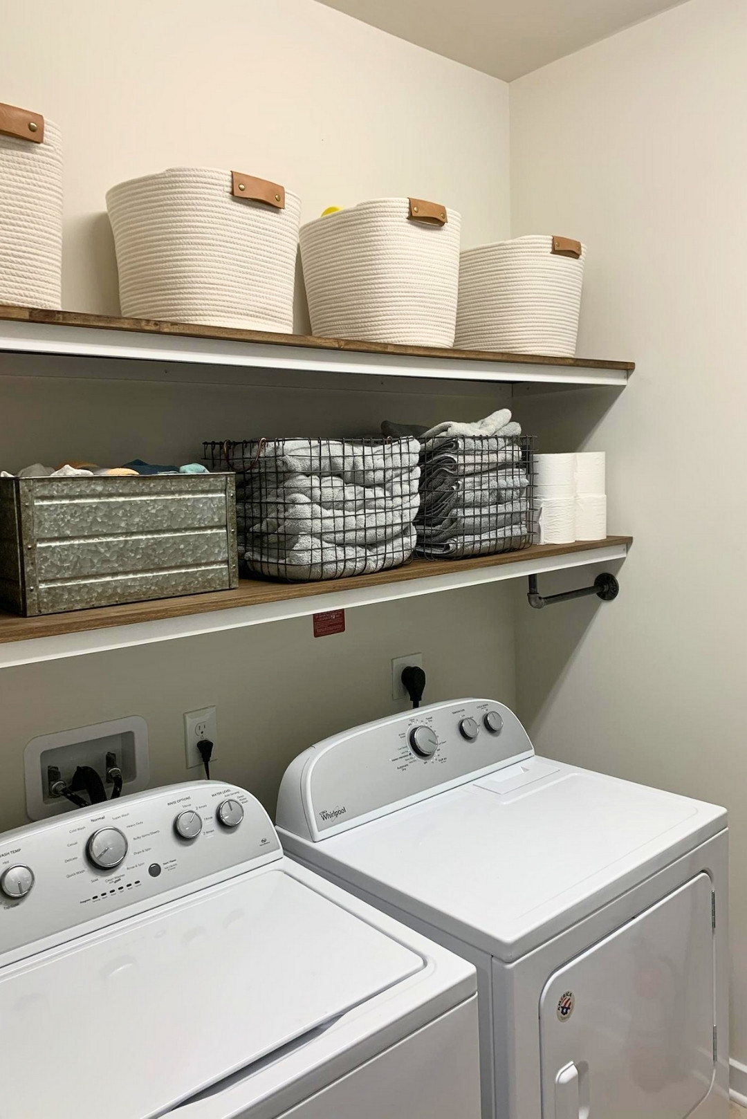 DIY Laundry Room Shelves With Pipe Hanging Rod and Rustic Wood