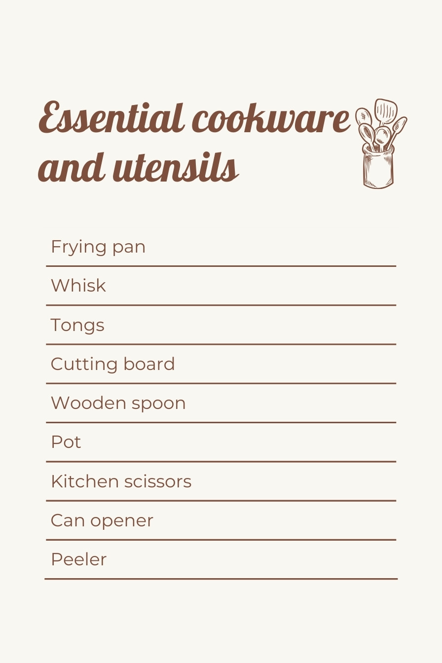 Essential cookware and utensils for dorm