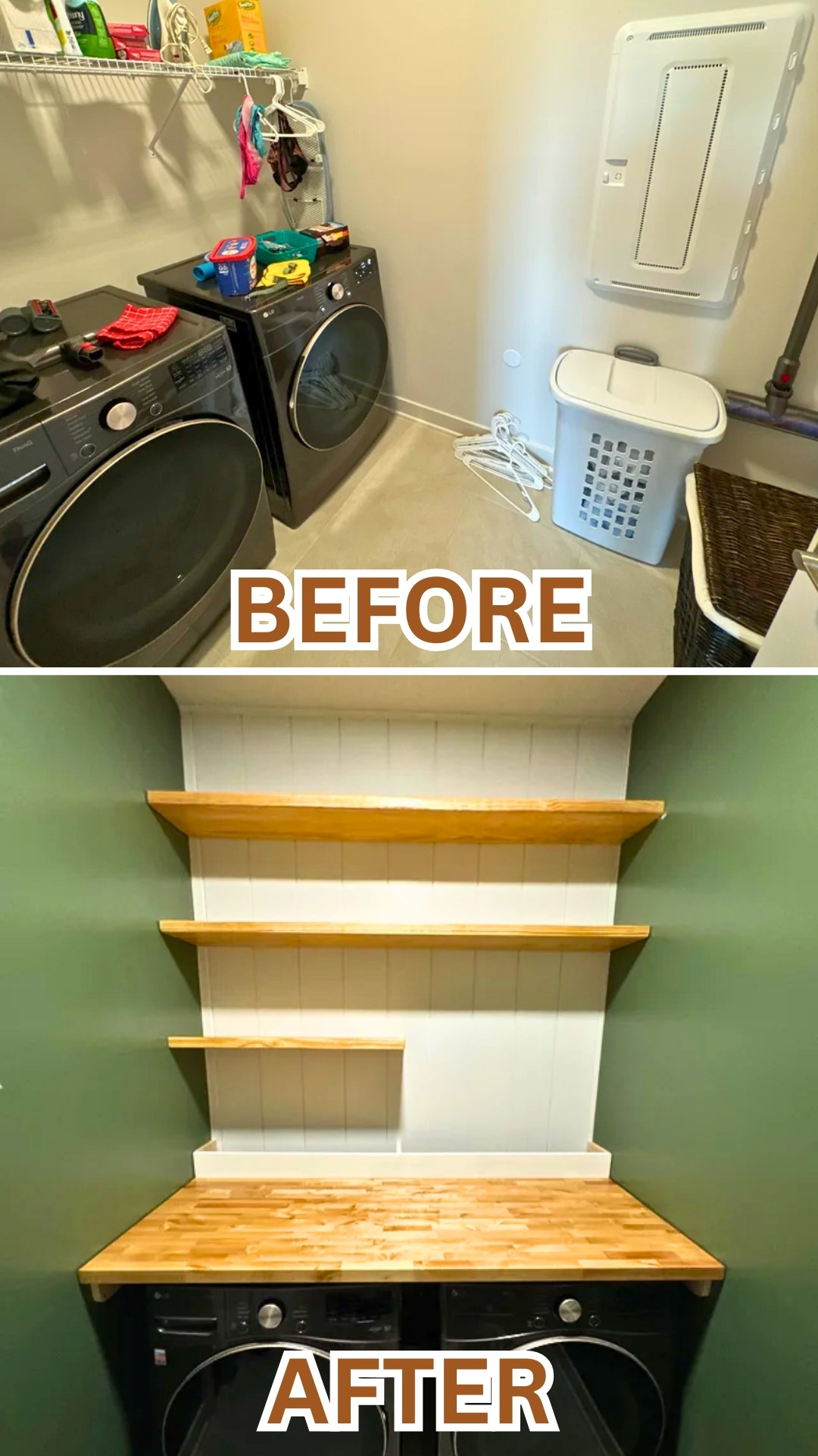 Modern Farmhouse Laundry Room With Open Shelves and White Cabinets