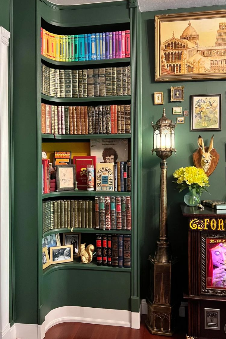 a green corner bookshelf
