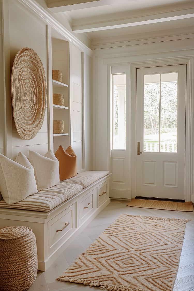 boho hallway with built in bench