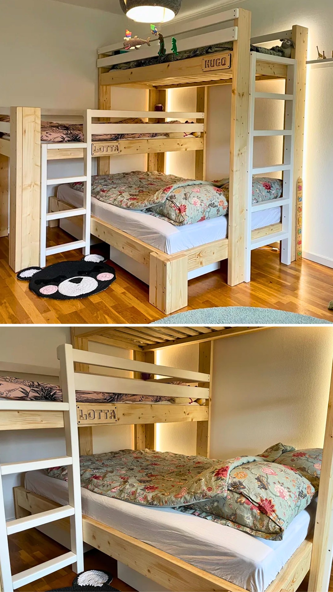 Bright wood bunk setup with floral duvets & bear rug