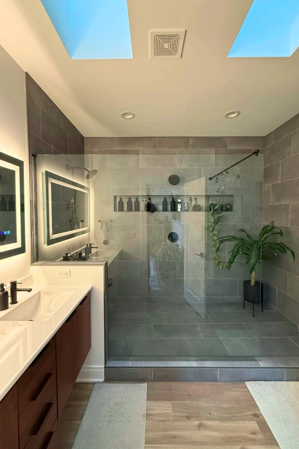 Large Walk-In Shower With Skylights And Gray Tile