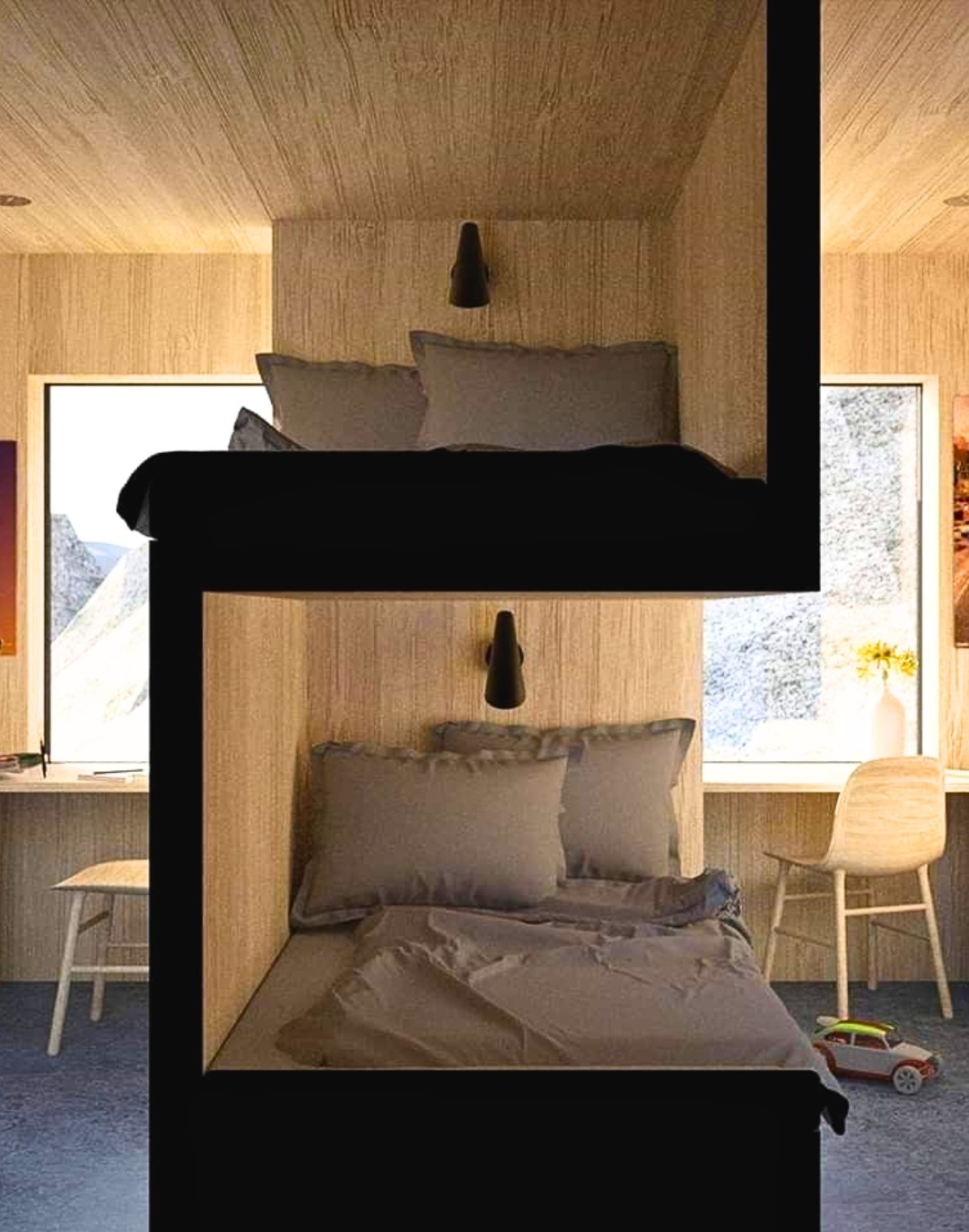 Minimalist S-shape bunk nook with wood paneling
