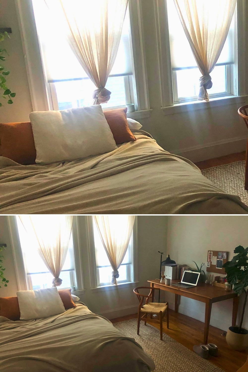 Cozy Winter Bedroom With Linen Curtains And Neutral Desk Setup