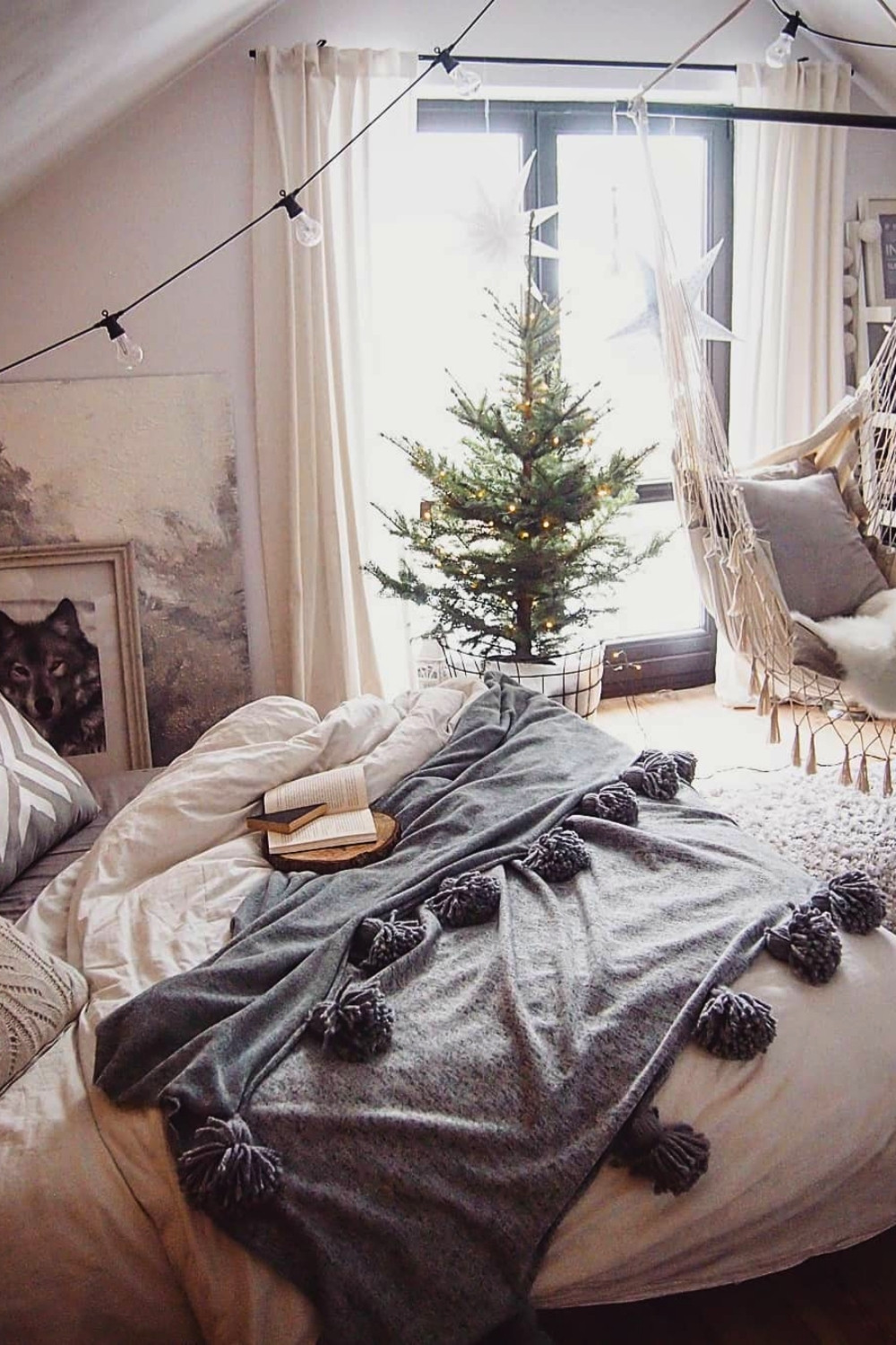 Hammock Chair Cozy Bedroom With Mini Christmas Tree and Neutral Decor