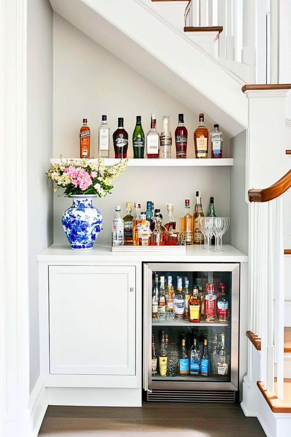 Bright and Elegant Under-Stairs Mini Bar with Open Shelves and Floral Decor