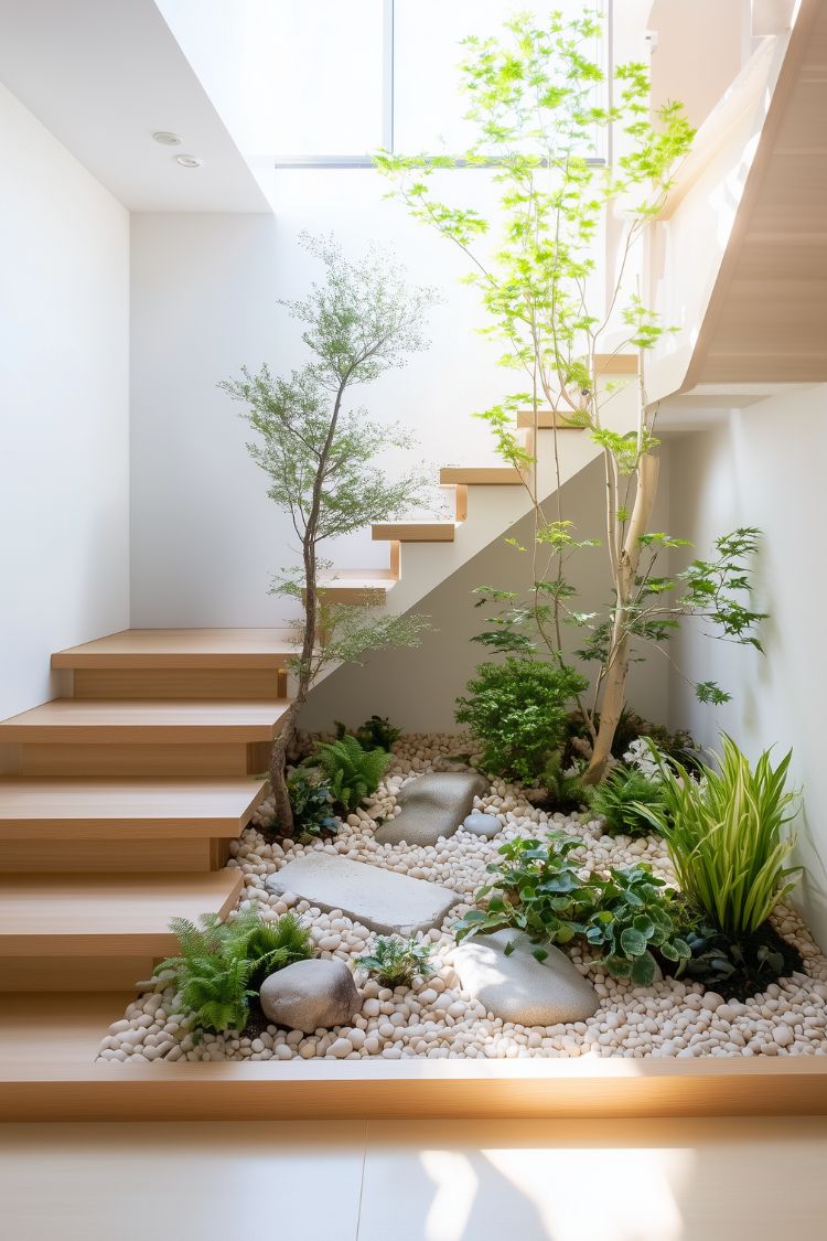 Bright indoor garden with small trees and layered plants under open stairs