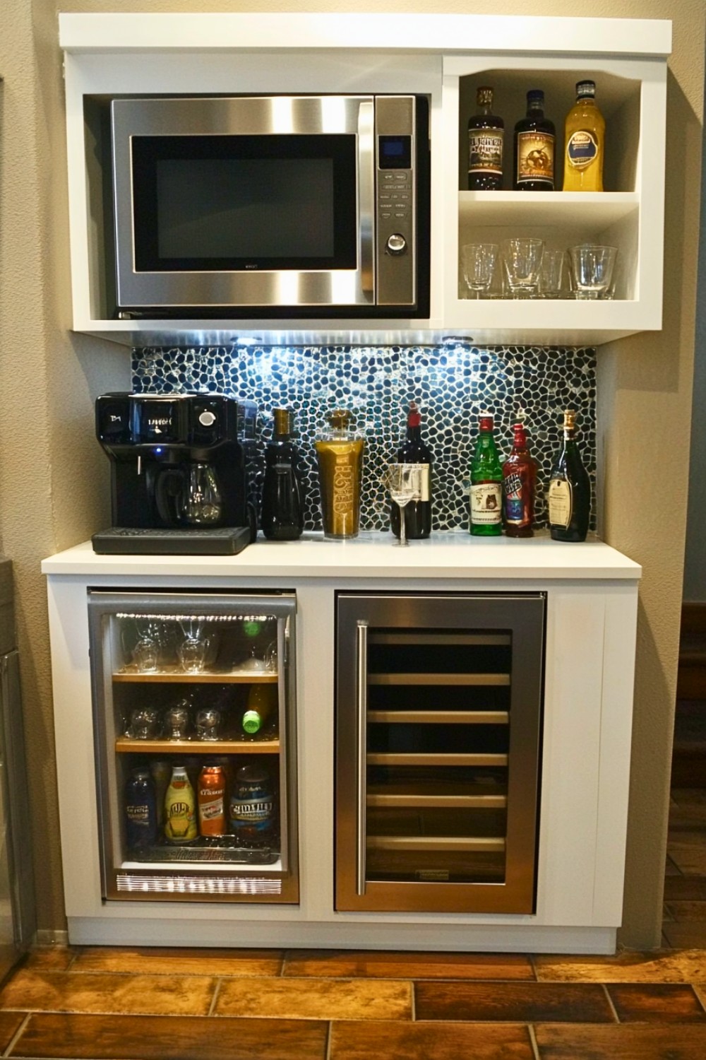 Compact Under-Stairs Mini Bar and Coffee Station with Mosaic Backsplash