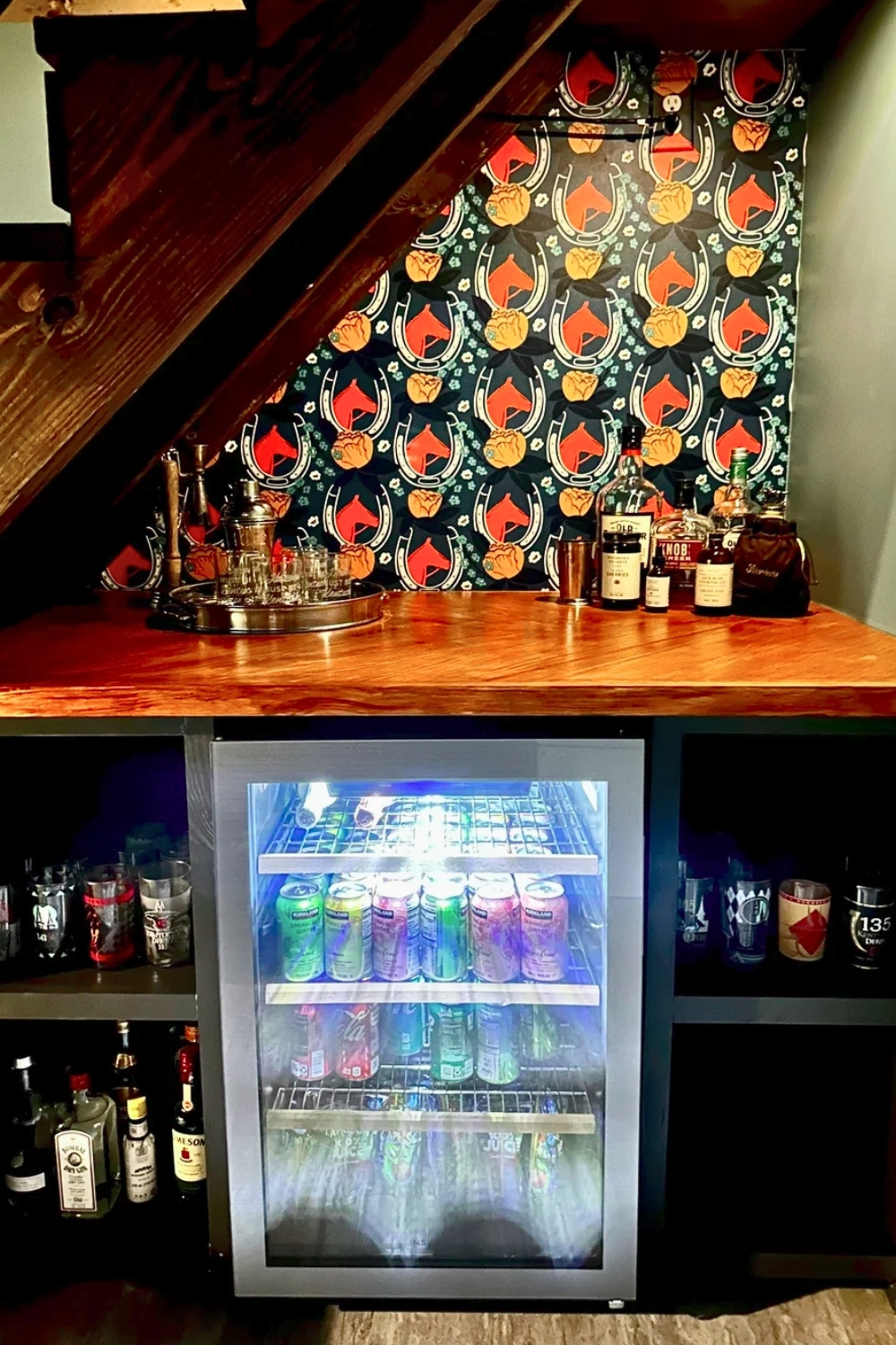 DIY Basement Built-In Mini Bar With Bold Kentucky-Inspired Decor And Glass Fridge