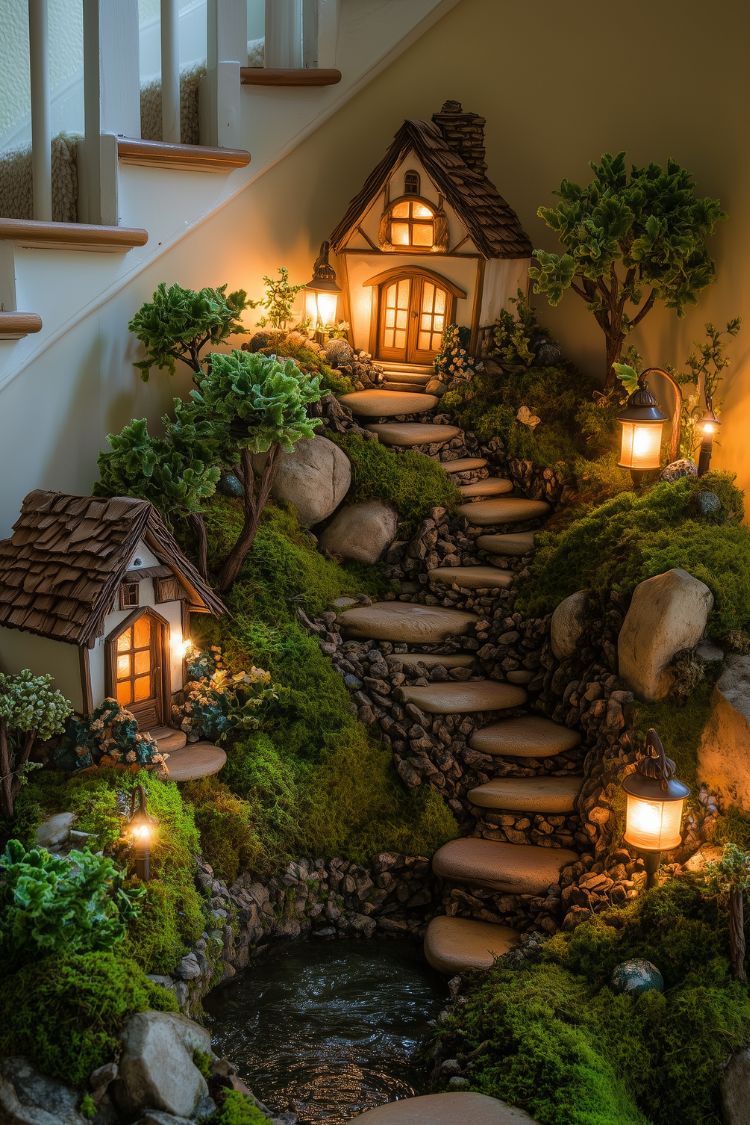 Enchanted garden theme with miniature houses and warm lighting under stairs