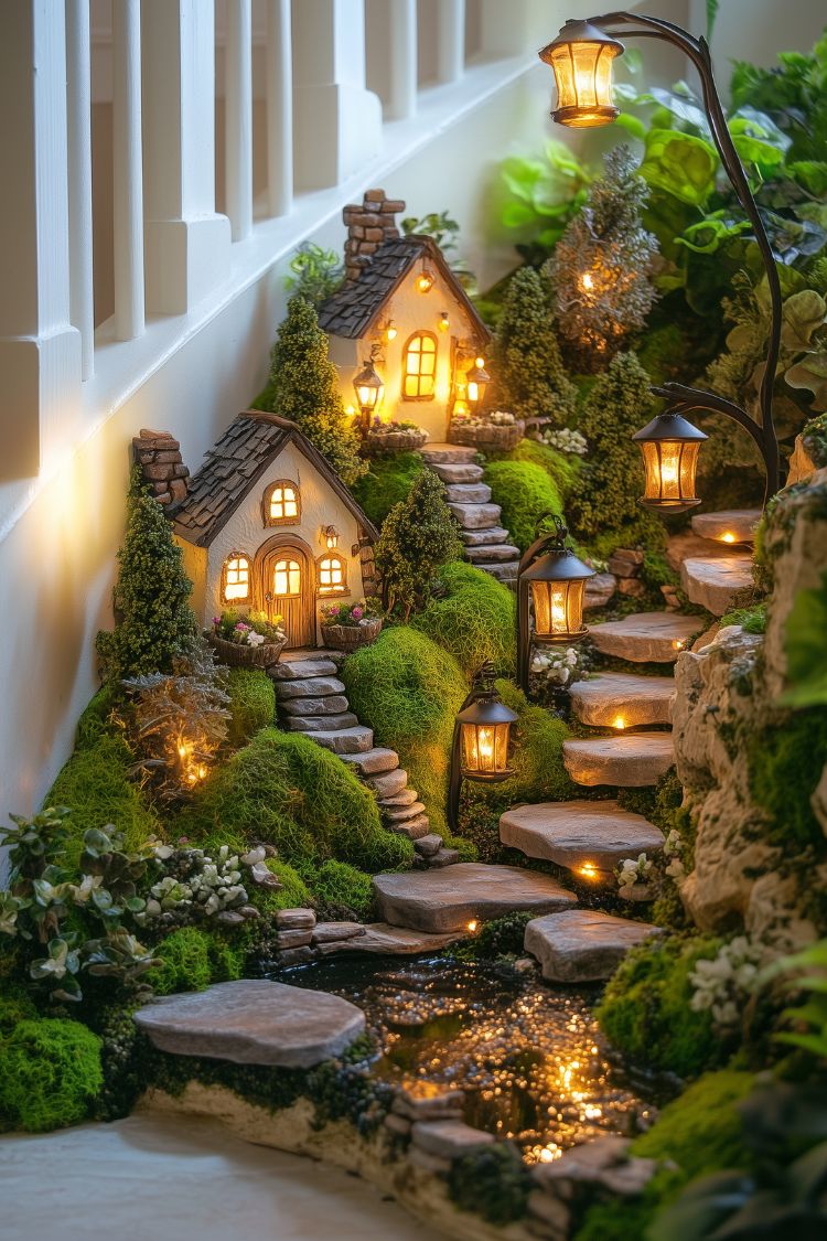 Fairy-tale style setup with lanterns moss and stone path below stairs