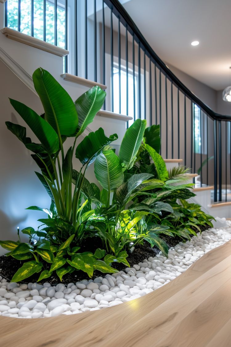 Indoor tropical plants with white stones under wooden stairs