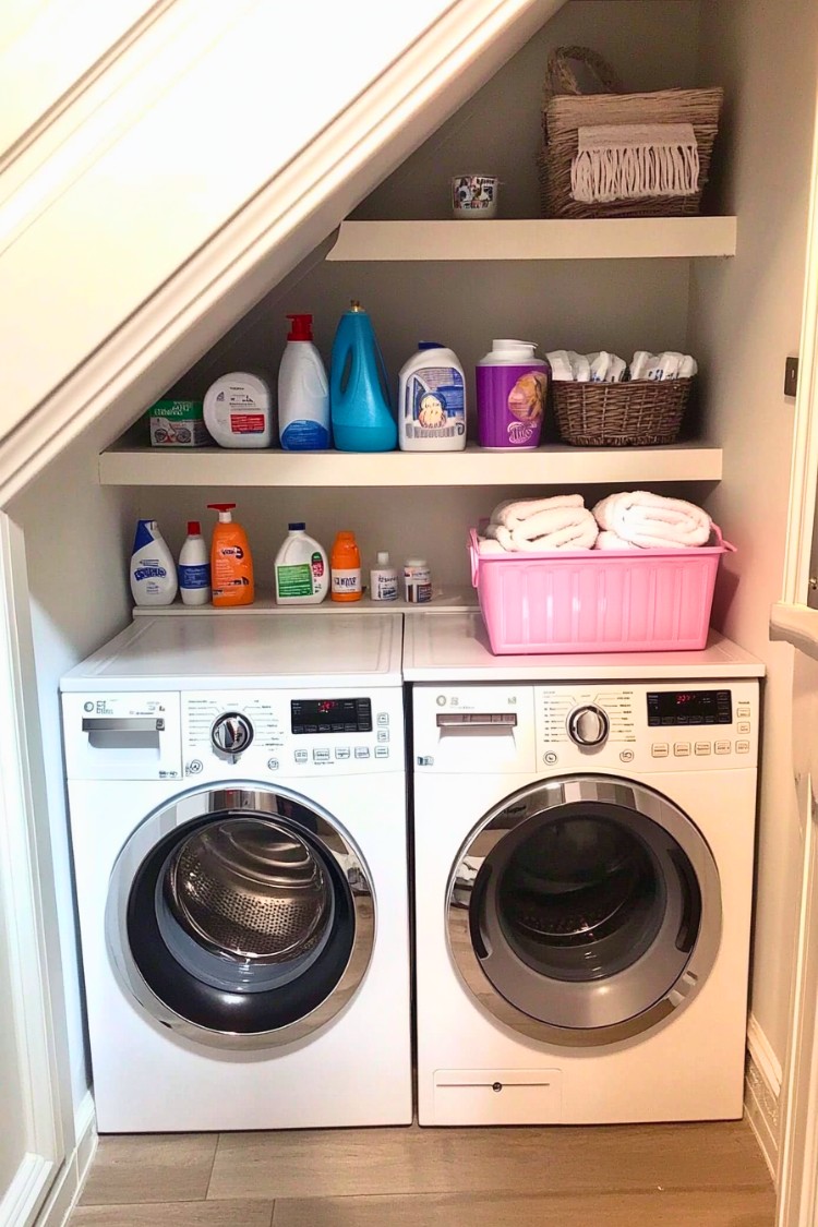 Laundry Room Under Staircase with Shelves and Appliances